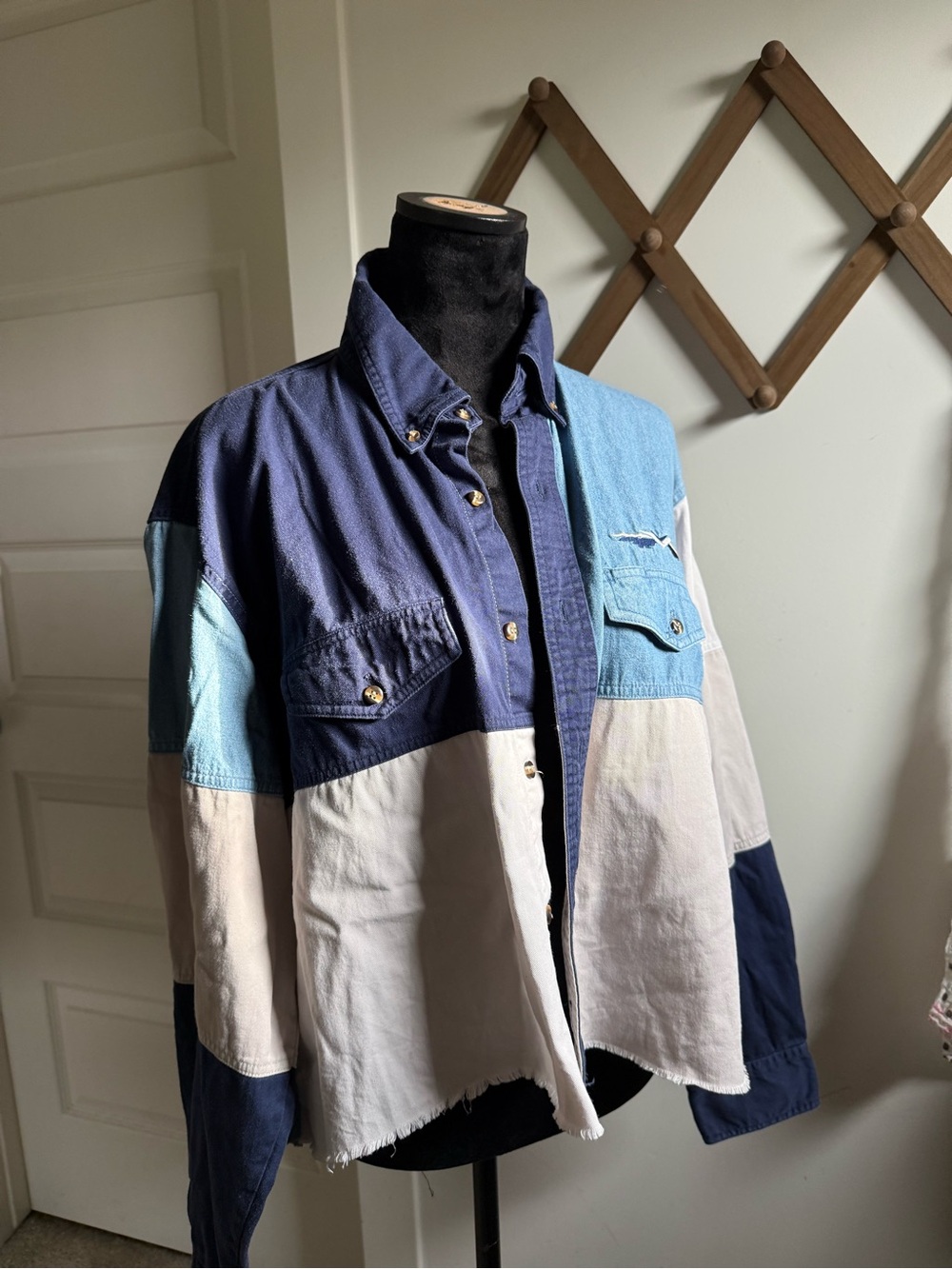Express Colorblock Denim Overshirt Jacket - Navy, Light Blue & White